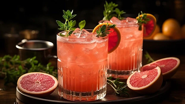 Dvije čaše s ružičastim pićem i ledom stoje na tacni, ukrašene kriškama grejpa i zelenim biljkama.