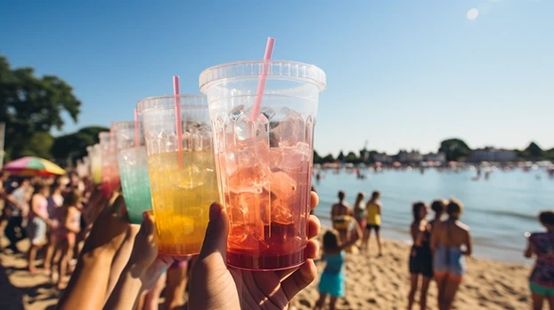Čaše sa šarenim pićima podignute su rukama na plaži, dok se ljudi opuštaju u pozadini.