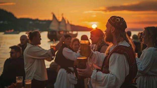 Ljudi drže čaše, slaveći festival tokom zalaska Sunca, uz obalu mora s brodovima u daljini.