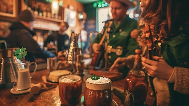 Piće ukrašeno djetelinom stoji na šanku, dok muzičari u zelenoj odjeći sviraju instrumente u pubu.