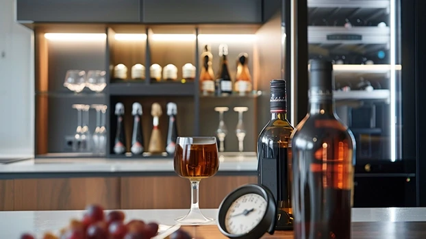 Boce pića stoje na šanku, čaša s tamnim pićem u sredini, u modernom bar ambijentu, s policama u pozadini.