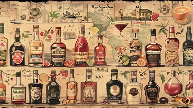 Boce - postavljene - na ilustraciji pića sa mapom i plodovima u pozadini. Tekst: "Pasquulin," "Novi Svet 400," "ARENENGA est. 1736 CRODA."