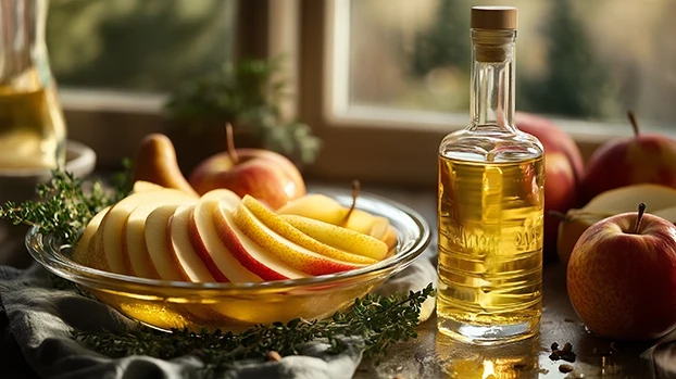 Staklena posuda drži narezane jabuke, dok boca s tekućinom stoji pored, na drvenom stolu, unutar osvijetljene kuhinje.
